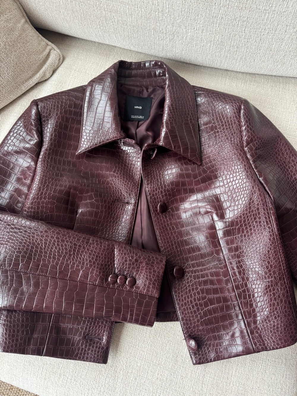 Mango Croc-Embossed Faux Leather Jacket - Deep Burgundy